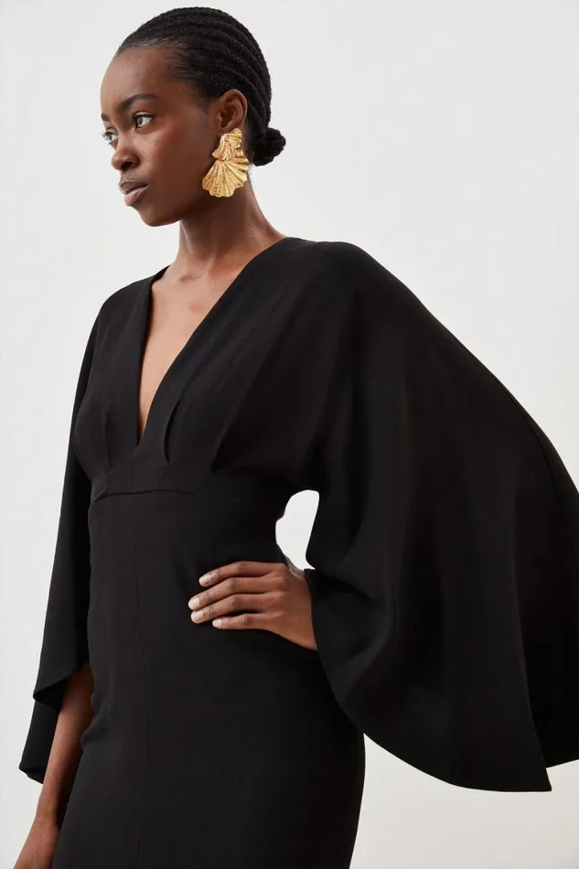 Dresses Women Karen Millen Tailored Compact Viscose Kimono Sleeve Plunge Neck Midi Dress Black
