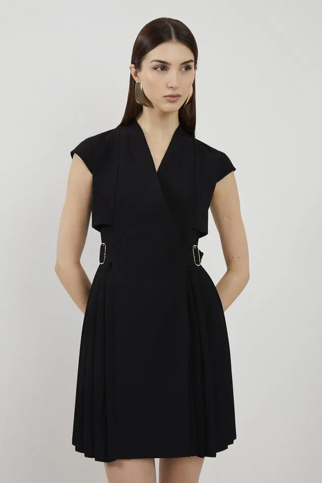 Dresses Women Karen Millen Tailored Crepe Pleated Collarless Mini Dress Black Dresses Women Karen Millen Tailored Crepe Pleated Collarless Mini Dress Black