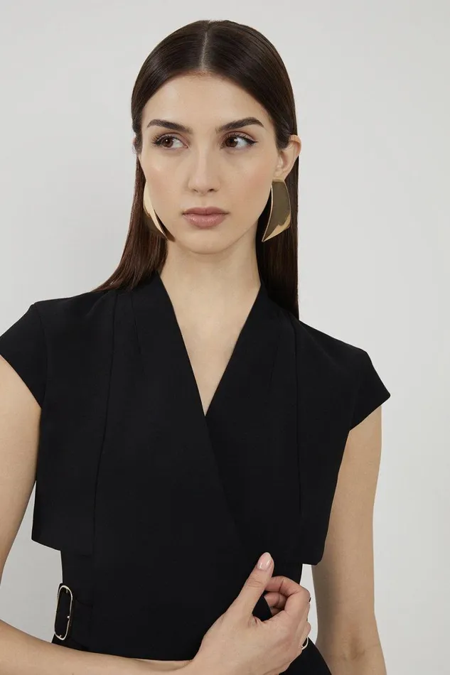 Dresses Women Karen Millen Tailored Crepe Pleated Collarless Mini Dress Black