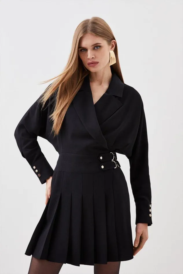 Dresses Women Karen Millen Tailored Crepe Pleated Skirt Wrap Mini Shirt Dress Black Dresses Women Karen Millen Tailored Crepe Pleated Skirt Wrap Mini Shirt Dress Black