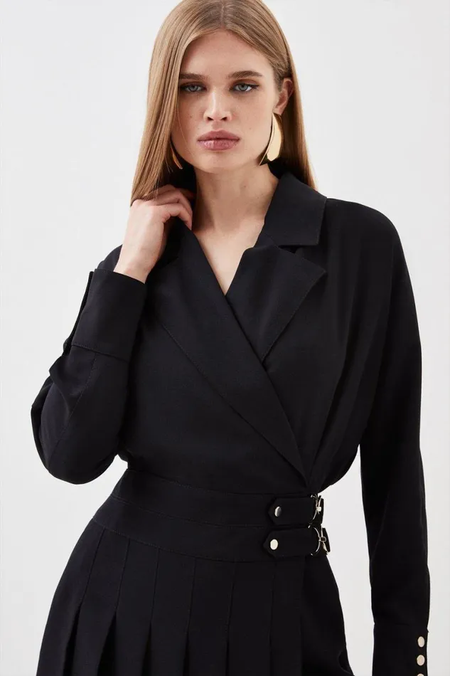 Dresses Women Karen Millen Tailored Crepe Pleated Skirt Wrap Mini Shirt Dress Black