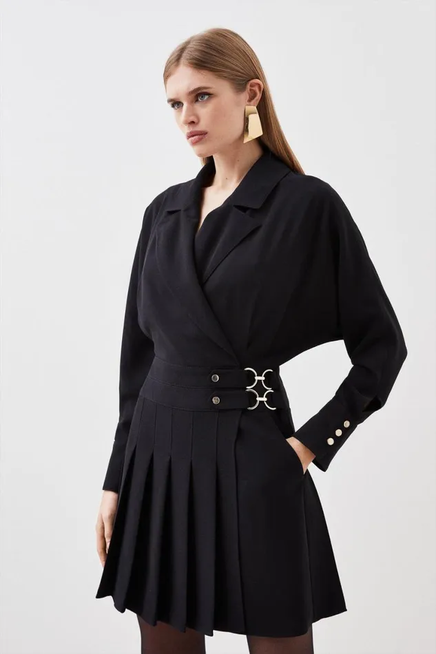 Dresses Women Karen Millen Tailored Crepe Pleated Skirt Wrap Mini Shirt Dress Black