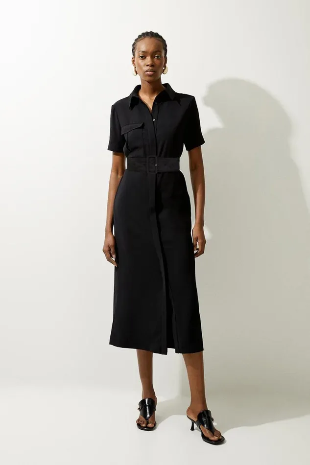 Dresses Women Karen Millen Tailored Crepe Pocket Detail Short Sleeved Belted Midi Shirt Dress Black Dresses Women Karen Millen Tailored Crepe Pocket Detail Short Sleeved Belted Midi Shirt Dress Black