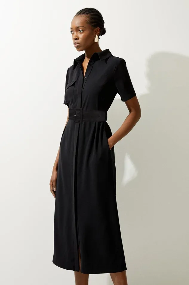 Dresses Women Karen Millen Tailored Crepe Pocket Detail Short Sleeved Belted Midi Shirt Dress Black