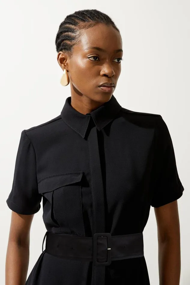 Dresses Women Karen Millen Tailored Crepe Pocket Detail Short Sleeved Belted Midi Shirt Dress Black