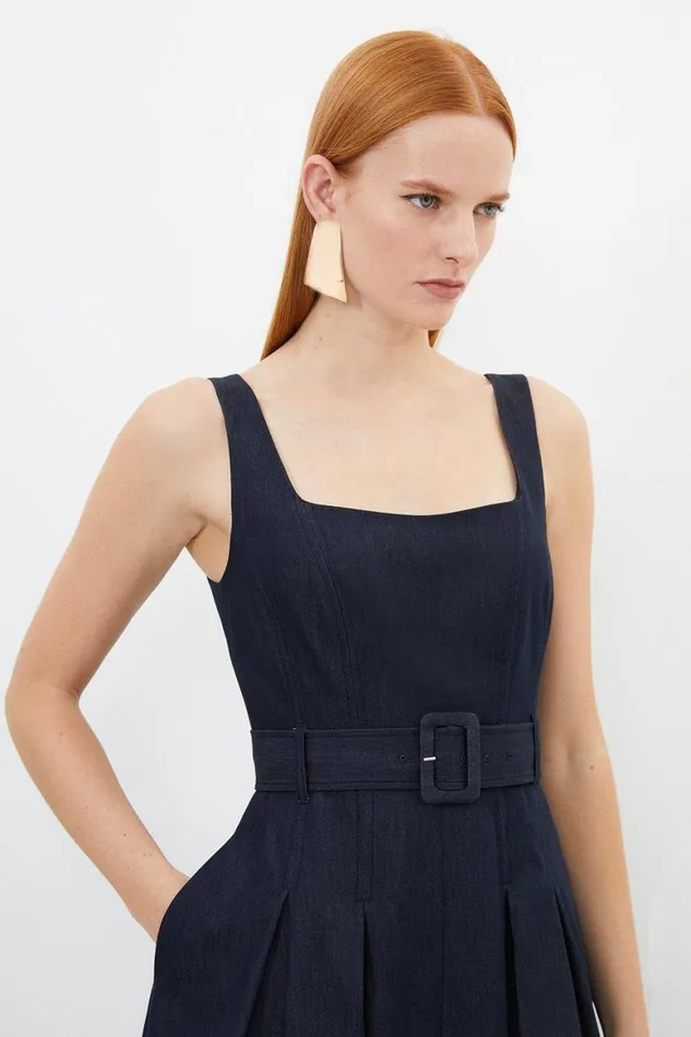 Dresses Women Karen Millen Tailored Denim Belted Full Skirted Tailored Midaxi Dress Denim