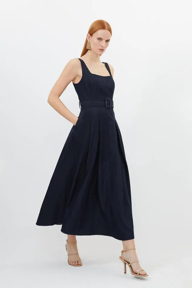 Dresses Women Karen Millen Tailored Denim Belted Full Skirted Tailored Midaxi Dress Denim