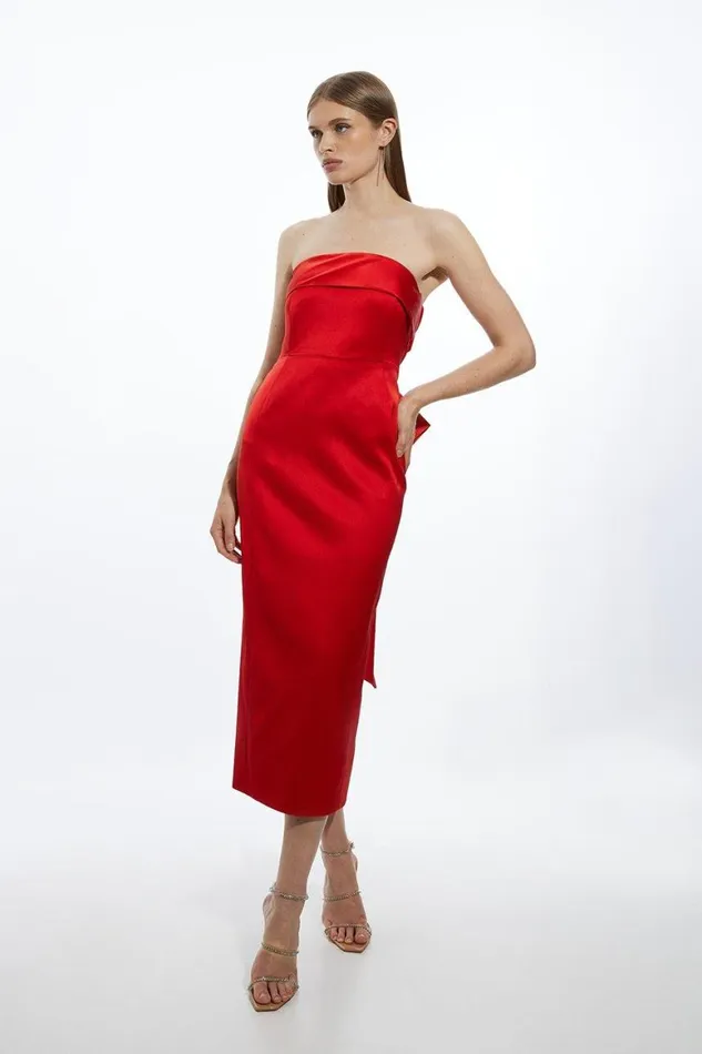 Dresses Women Karen Millen Tailored Italian Satin Bandeau Structured Bow Detail Midi Dress Red