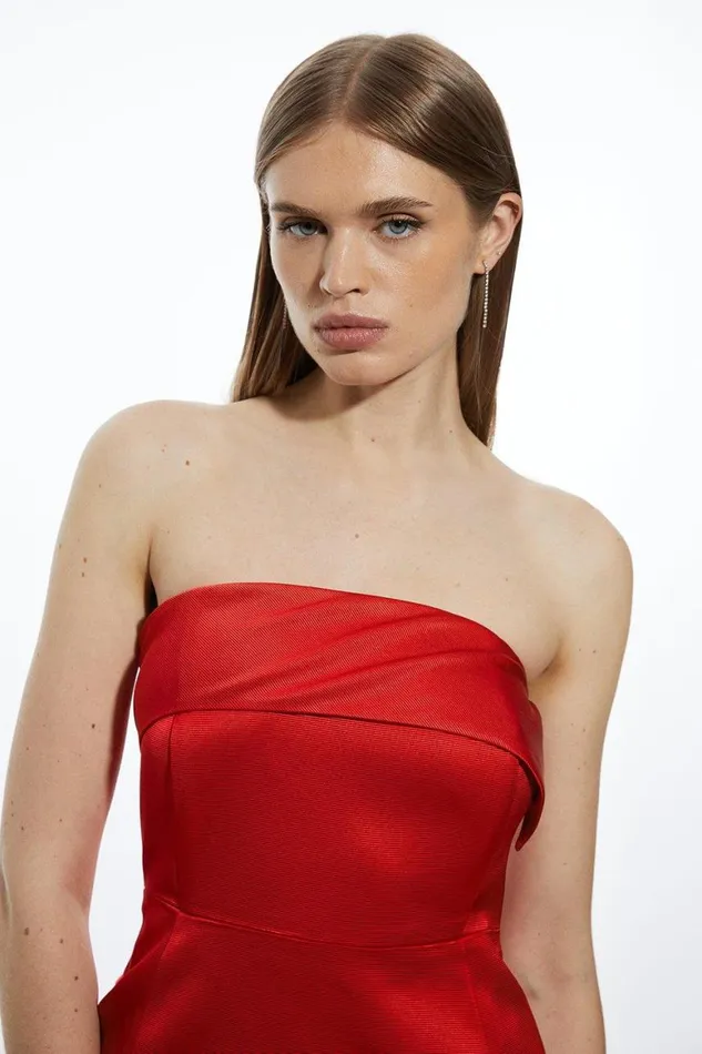 Dresses Women Karen Millen Tailored Italian Satin Bandeau Structured Bow Detail Midi Dress Red