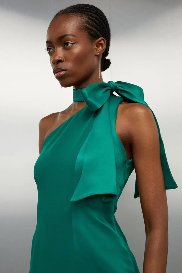 Dresses Women Karen Millen Tailored Satin Back Crepe Tie Neck Contrast Panel Maxi Dress Emerald