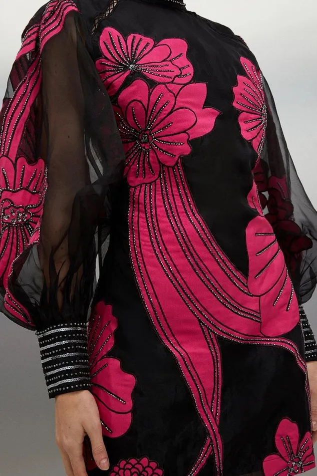 Dresses Women Karen Millen Tall Applique Organdie Floral Graphic Woven Mini Dress Black