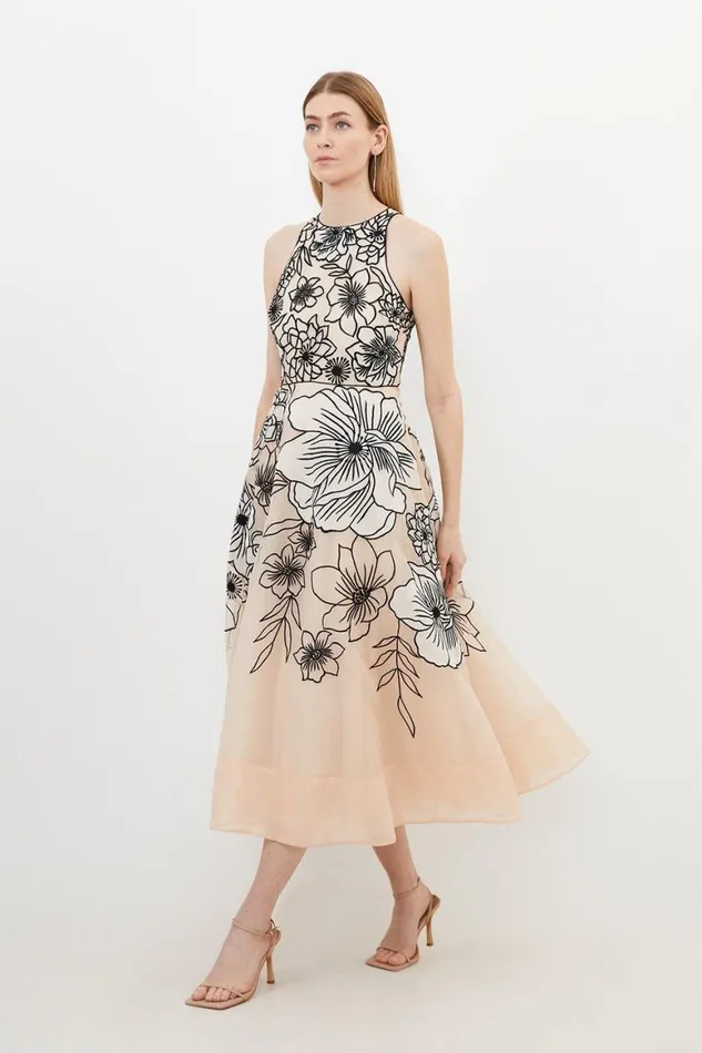 Dresses Women Karen Millen Tall Applique Organdie Halter Woven Maxi Dress Blush