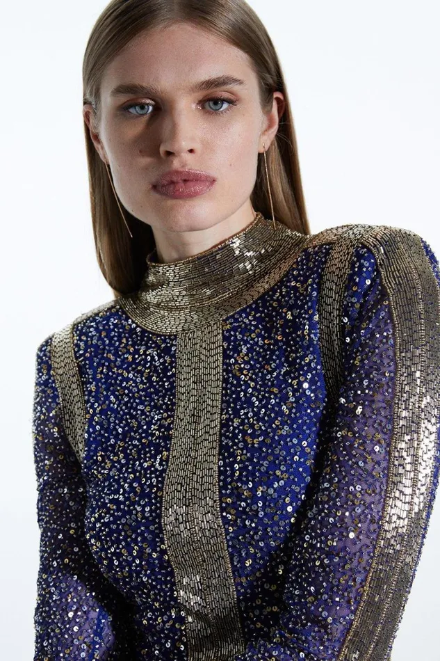 Dresses Women Karen Millen Tall Embellished Beaded High Neck Woven Mini Dress Cobalt