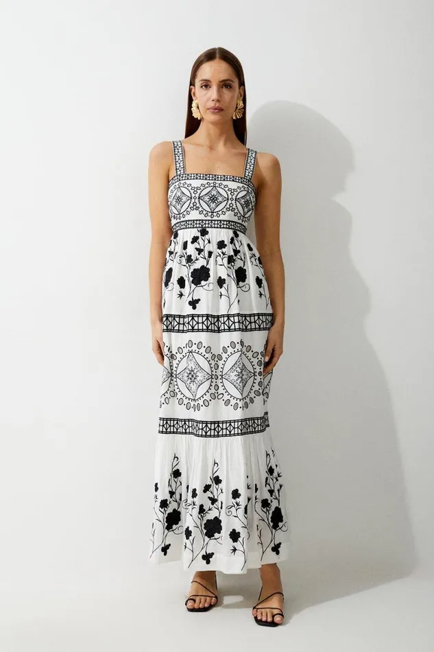 Dresses Women Karen Millen Tall Floral and Geo Embroidered Woven Midaxi Mono