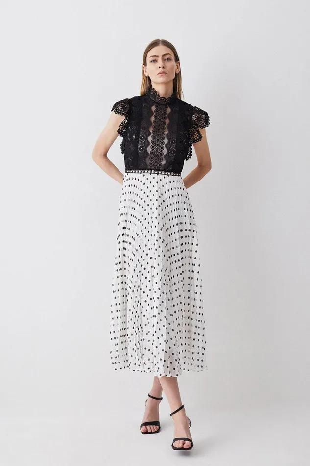 Dresses Women Karen Millen Tall Guipure Lace Dot Pleated Skirt Midi Dress Mono