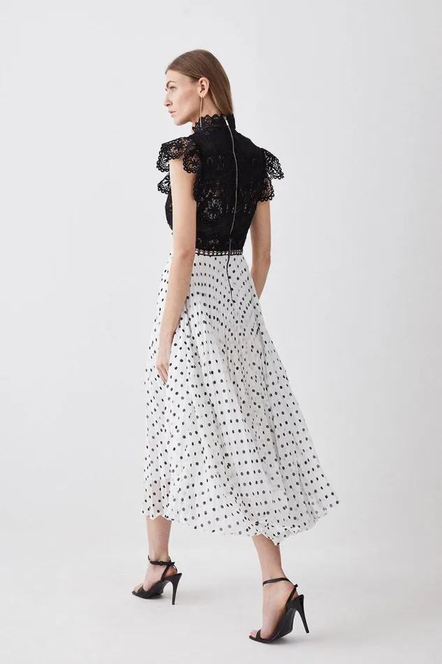 Dresses Women Karen Millen Tall Guipure Lace Dot Pleated Skirt Midi Dress Mono