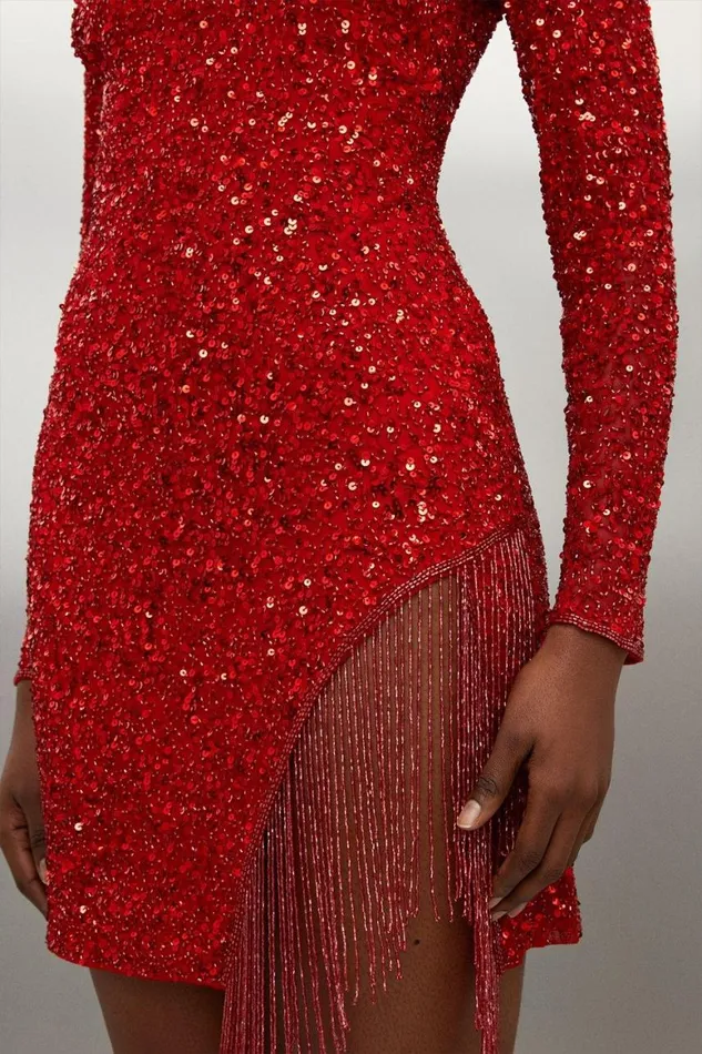 Dresses Women Karen Millen Thigh High Split Embellished Woven Fringed Mini Dress
