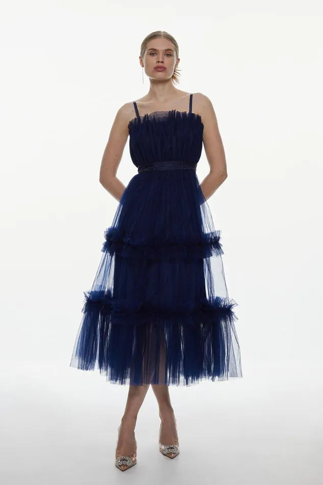 Dresses Women Karen Millen Tulle Bandeau Tiered Midi Dress Navy
