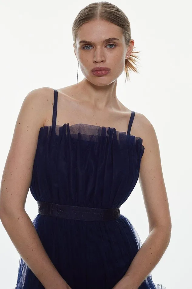 Dresses Women Karen Millen Tulle Bandeau Tiered Midi Dress Navy