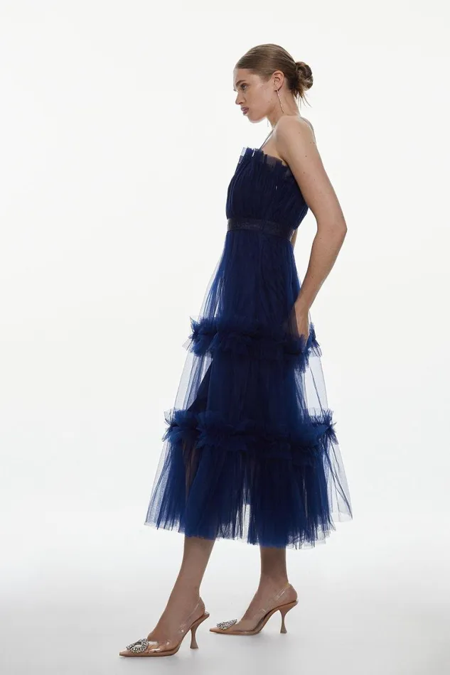 Dresses Women Karen Millen Tulle Bandeau Tiered Midi Dress Navy
