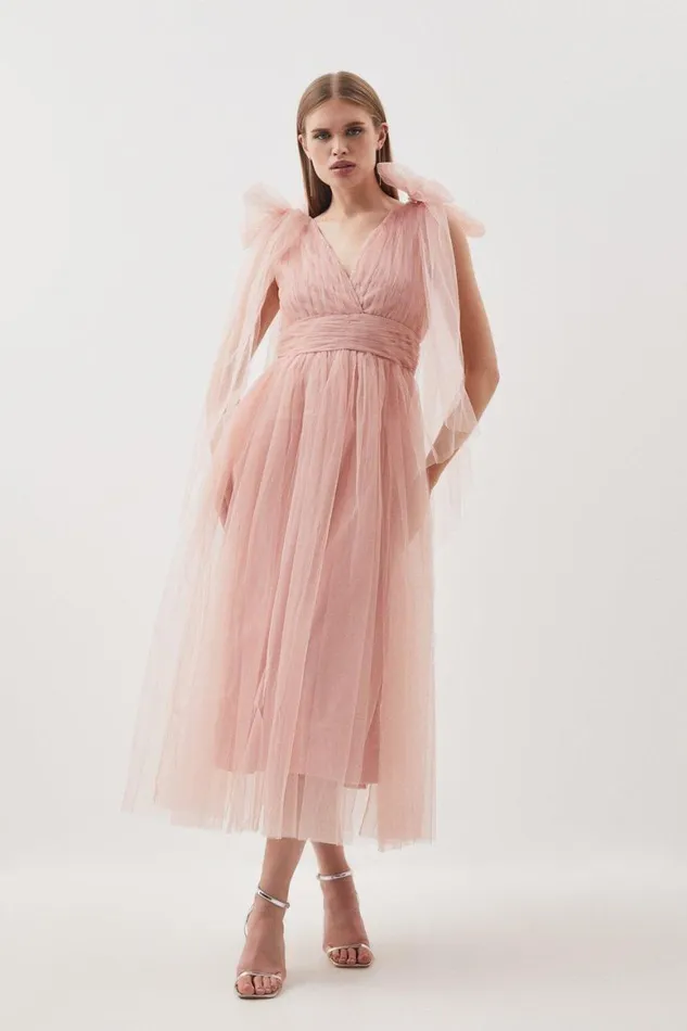 Dresses Women Karen Millen Tulle Tie Straps Plunge Woven Midi Dress Blush