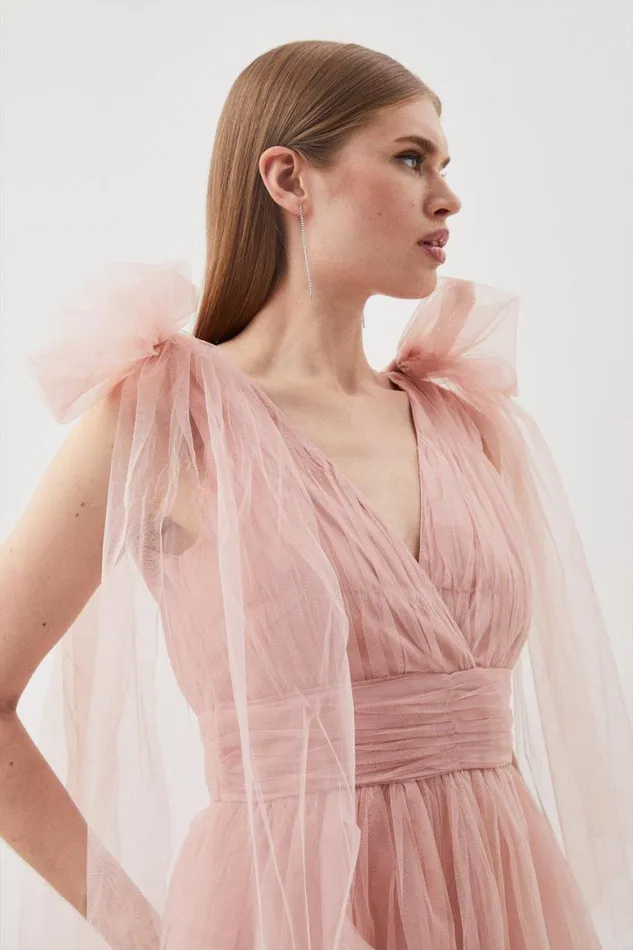 Dresses Women Karen Millen Tulle Tie Straps Plunge Woven Midi Dress Blush