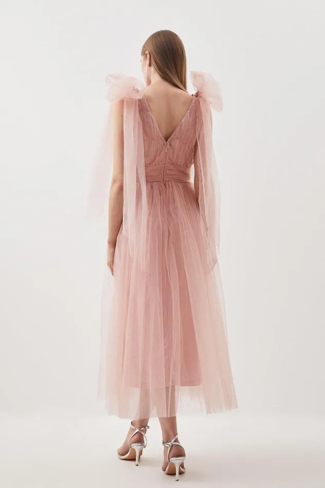 Dresses Women Karen Millen Tulle Tie Straps Plunge Woven Midi Dress Blush