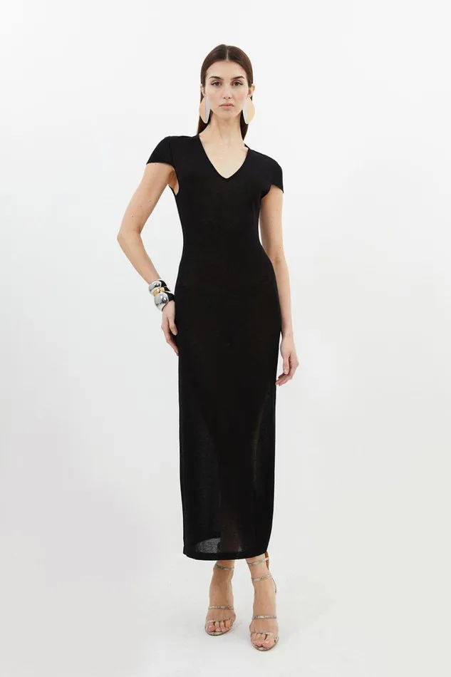 Dresses Women Karen Millen V Neck Cap Sleeve Summer Knit Column Dress Black