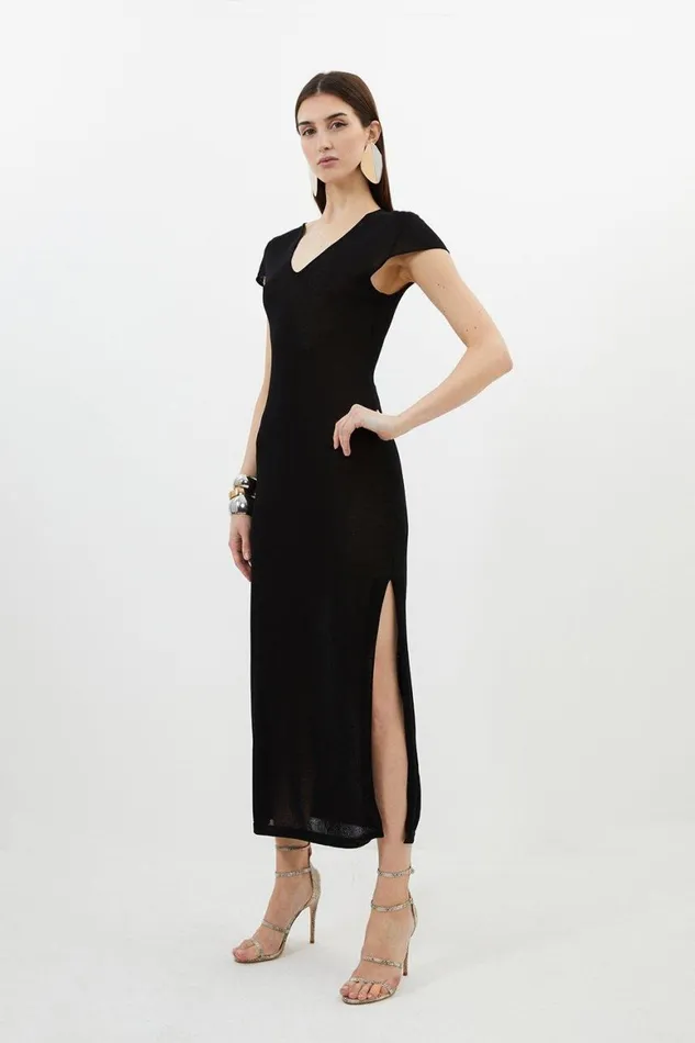 Dresses Women Karen Millen V Neck Cap Sleeve Summer Knit Column Dress Black