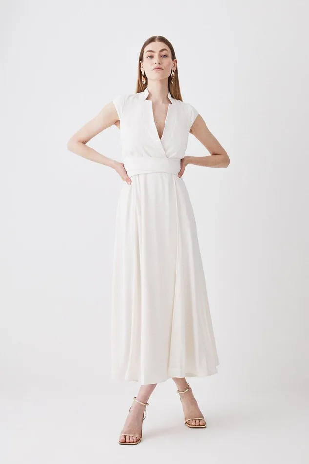 Dresses Women Karen Millen V Neck Wrap Detail Woven Midi Dress Ivory