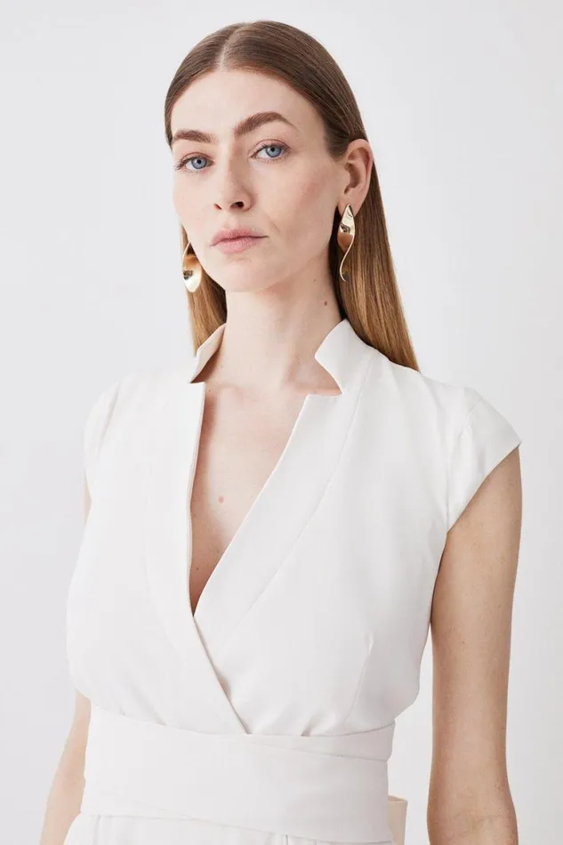 Dresses Women Karen Millen V Neck Wrap Detail Woven Midi Dress Ivory