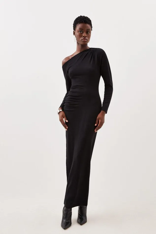 Dresses Women Karen Millen Viscose Blend Asymmetric Ruched Knit Maxi Dress Black Dresses Women Karen Millen Viscose Blend Asymmetric Ruched Knit Maxi Dress Black