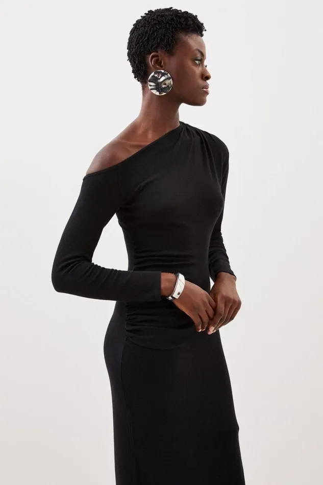 Dresses Women Karen Millen Viscose Blend Asymmetric Ruched Knit Maxi Dress Black