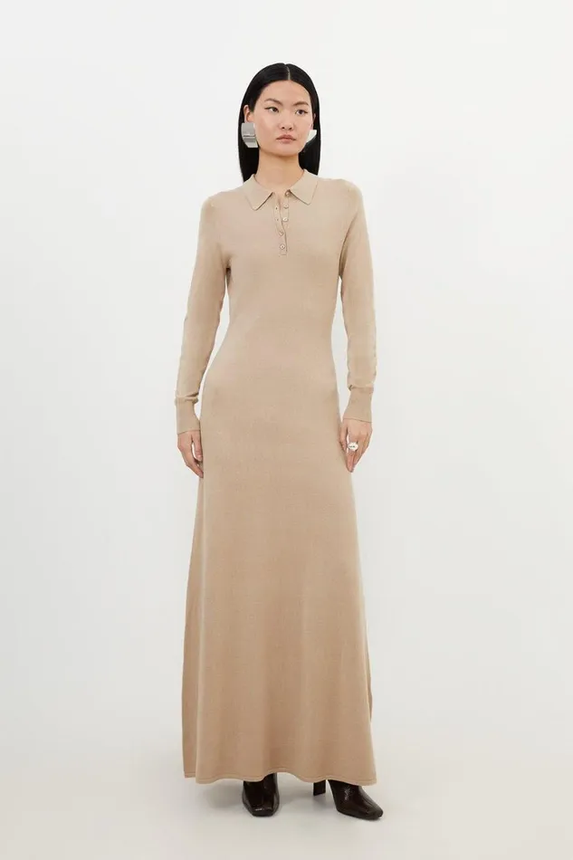 Dresses Women Karen Millen Viscose Blend Polo Knit Collar Maxi Dress Neutral