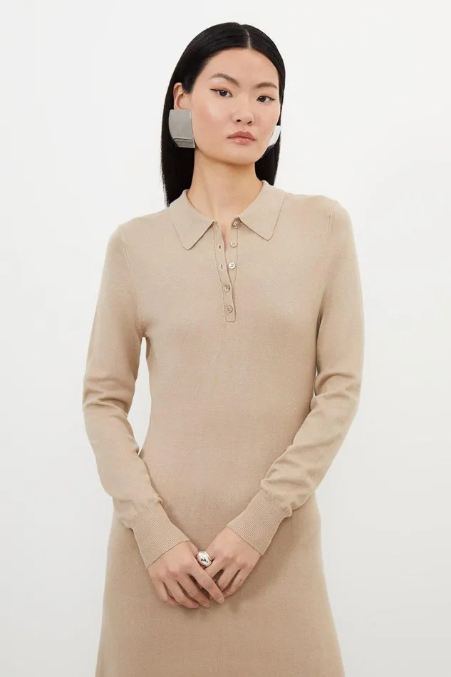 Dresses Women Karen Millen Viscose Blend Polo Knit Collar Maxi Dress Neutral
