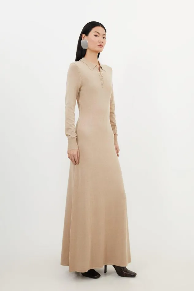 Dresses Women Karen Millen Viscose Blend Polo Knit Collar Maxi Dress Neutral