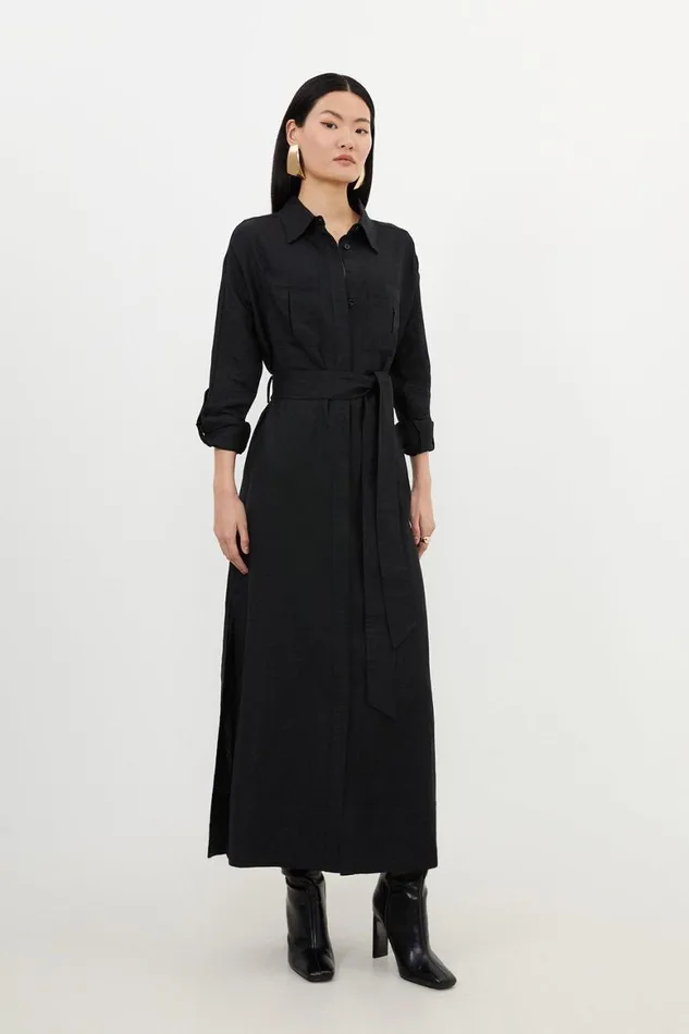 Dresses Women Karen Millen Viscose Linen Woven Tie Maxi Shirt Dress Black