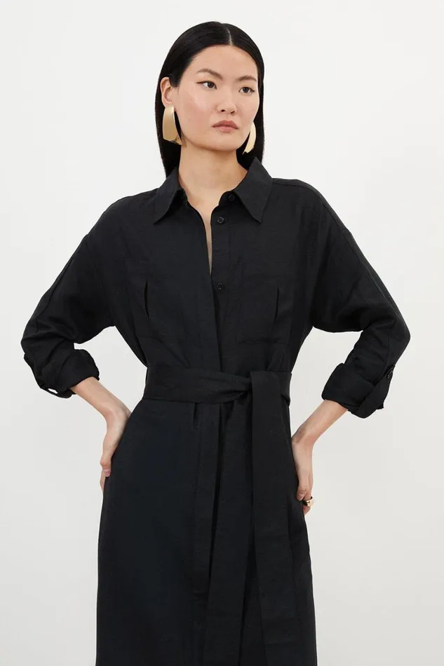 Dresses Women Karen Millen Viscose Linen Woven Tie Maxi Shirt Dress Black