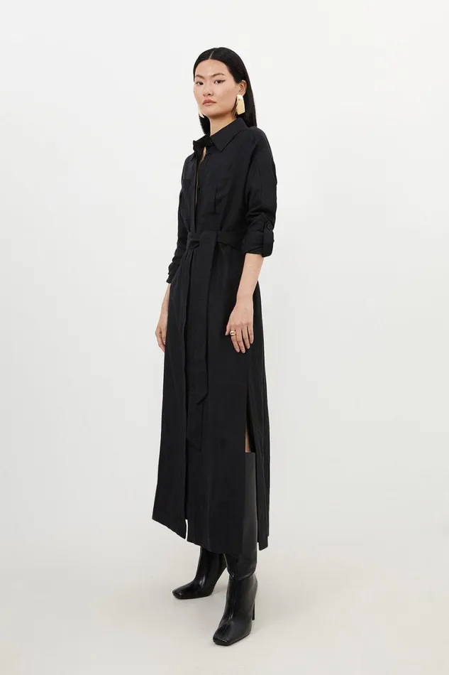 Dresses Women Karen Millen Viscose Linen Woven Tie Maxi Shirt Dress Black