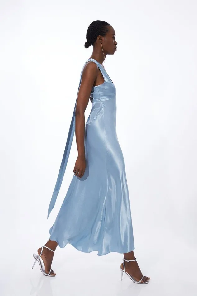 Dresses Women Karen Millen Viscose Satin Woven Midi Dress Blue