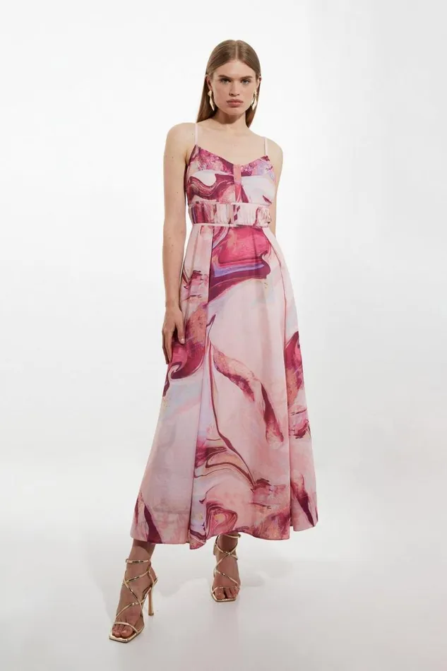 Dresses Women Karen Millen Watercolour Print Cotton Voile Strappy Woven Maxi Dress Pink