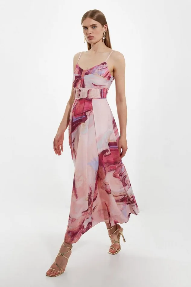 Dresses Women Karen Millen Watercolour Print Cotton Voile Strappy Woven Maxi Dress Pink