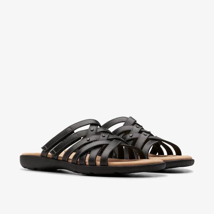Elizabelle Rio Black Leather Women Clarks Sandals and Flip Flops