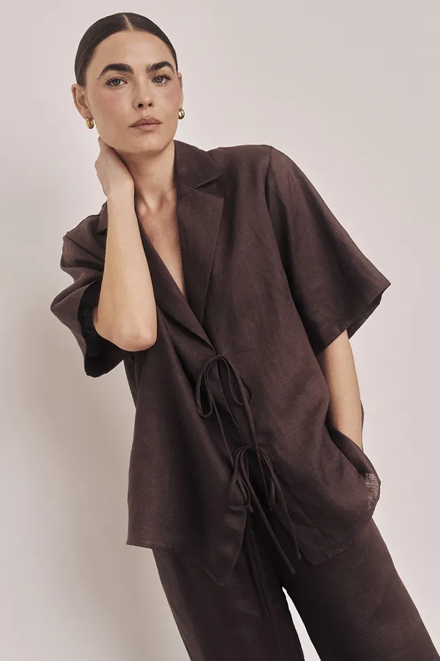 EMELIA CHOCOLATE LINEN WRAP SHIRT Women DISSH Shirts