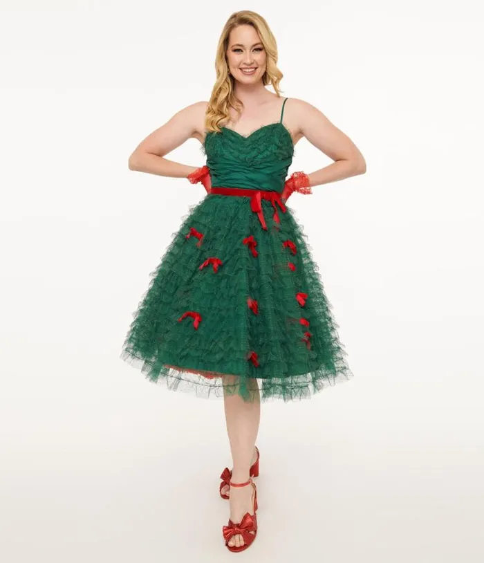 Emerald Green and Red Ribbon Tulle Cupcake Swing Dress DressesPlus Unique Vintage Swing