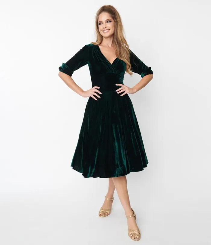 Emerald Green Velvet Delores Swing Dress Dresses Unique Vintage Swing