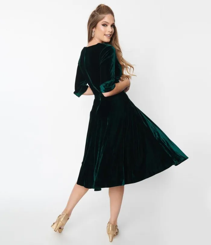 Emerald Green Velvet Delores Swing Dress Dresses Unique Vintage Swing