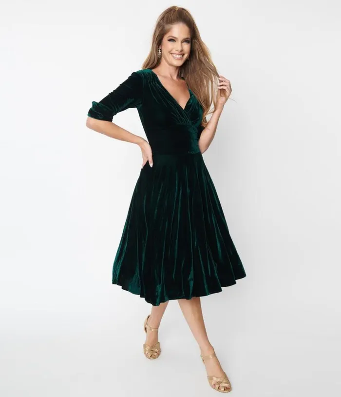 Emerald Green Velvet Delores Swing Dress Dresses Unique Vintage Swing