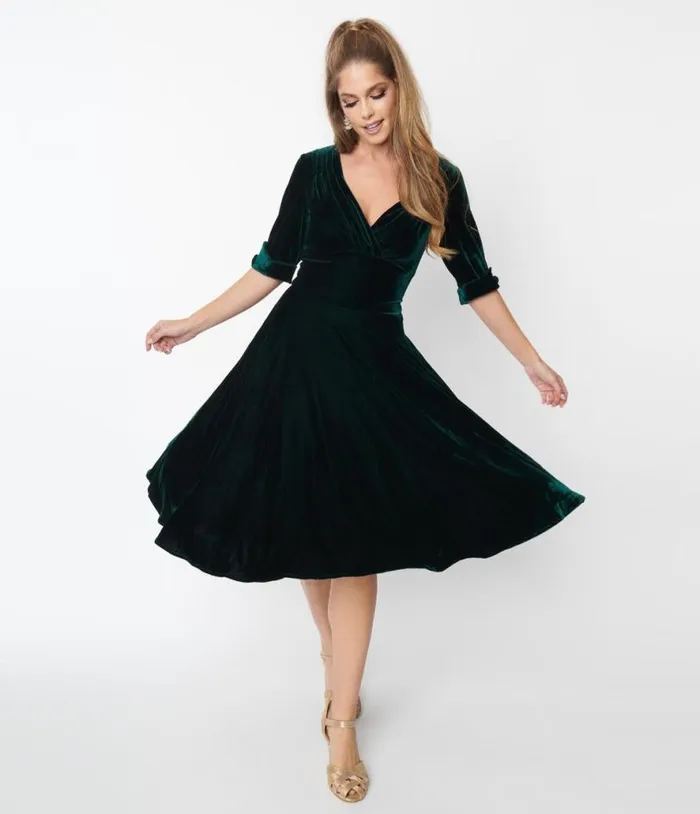 Emerald Green Velvet Delores Swing Dress Dresses Unique Vintage Swing