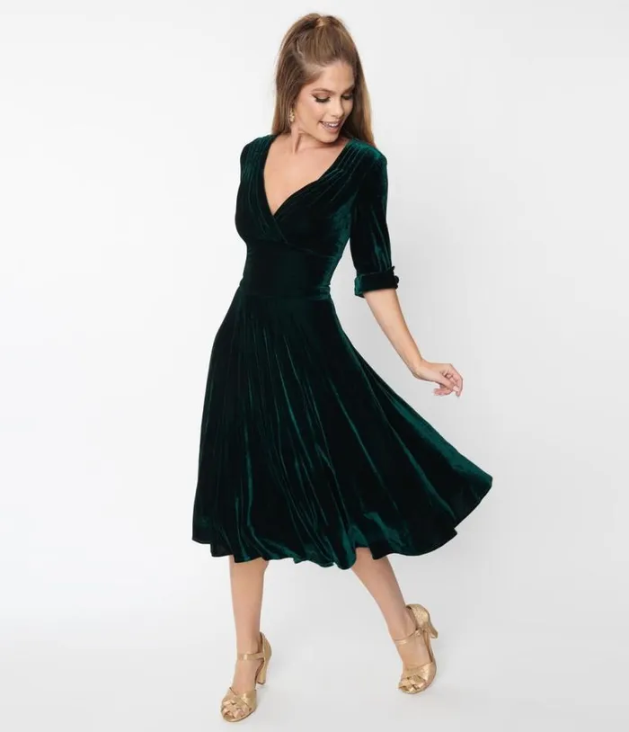 Emerald Green Velvet Delores Swing Dress Dresses Unique Vintage Swing